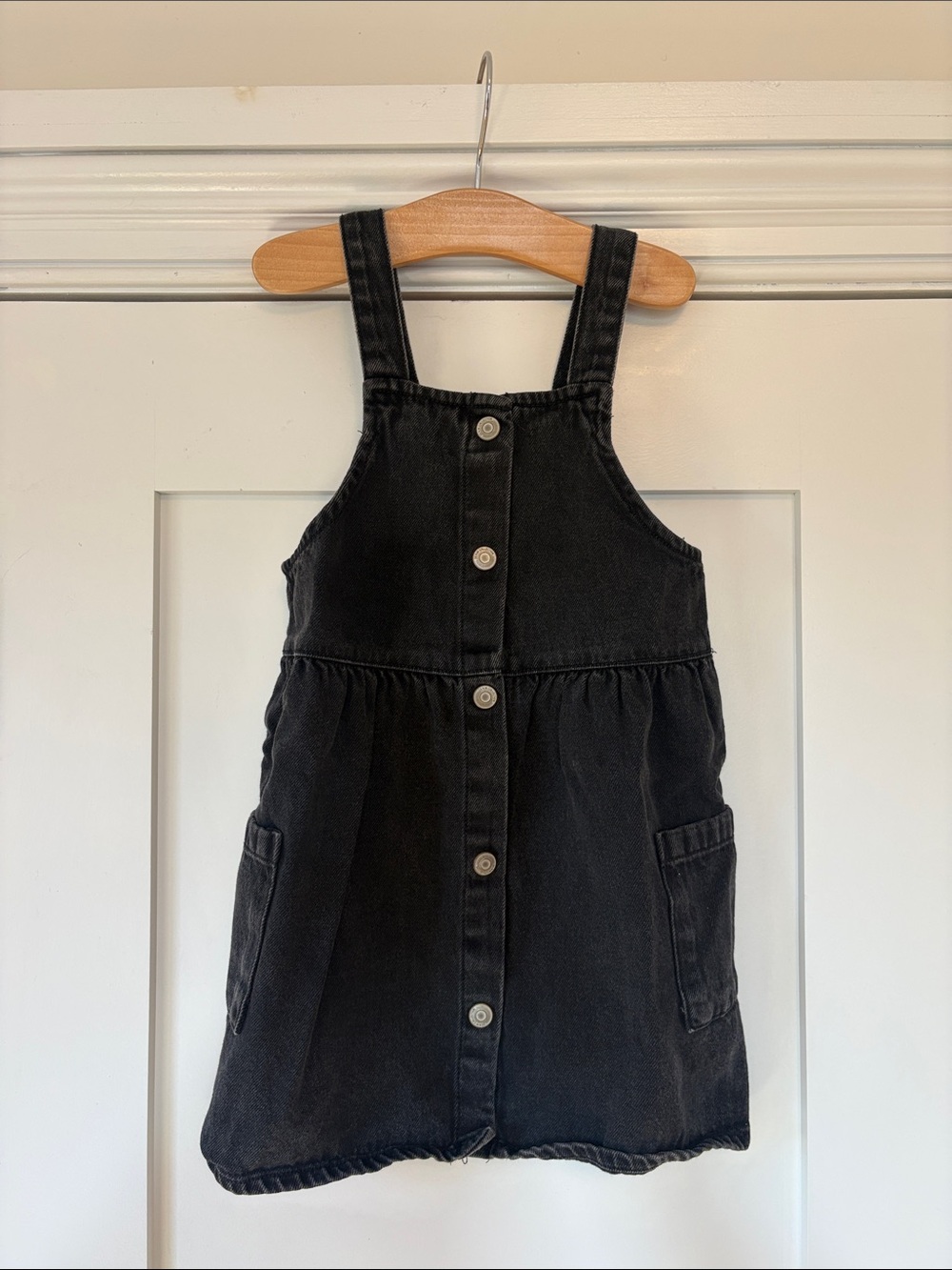 Zara Kids - Black Button-Front Denim Pinafore Dress